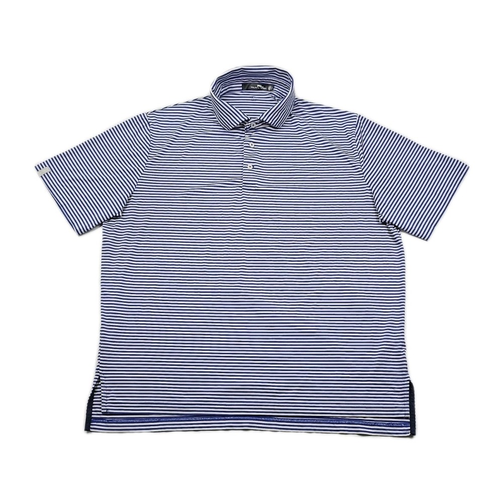RLX Ralph Lauren Golf Performance Polo Mens XL Blue White Striped Shirt Stretch